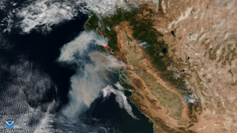 Data from the Visible Infrared Imaging Radiometer Suite (VIIRS) instrument onboard the NOAA/NASA Suomi NPP satellite from October 9, 2017, shows the extent of the fires burning in California.