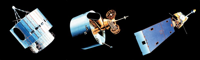 Artist renditions of GOES series satellites A-C, D-H, I-M.