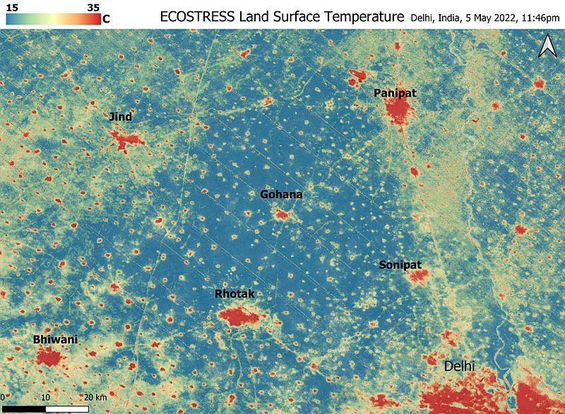 NASA’s ECOSTRESS instrument made this image of ground temperatures near Delhi (lower right), around midnight on May 5. The urban “heat islands” of Delhi and smaller villages peaked at 102 degrees Fahrenheit (39 degrees Celsius) while nearby fields were about 40 degrees Fahrenheit cooler.