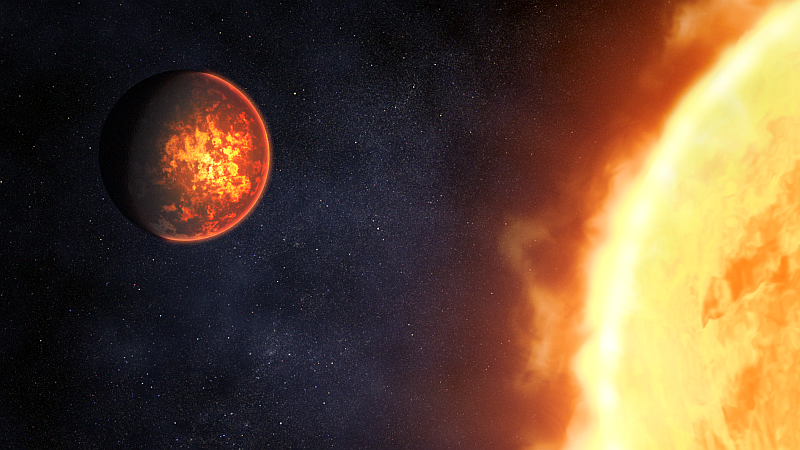  Illustration showing what exoplanet 55 Cancri e could look like, based on current understanding of the planet. 55 Cancri e is a rocky planet with a diameter almost twice that of Earth orbiting just 0.015 astronomical units from its Sun-like star. Because of its tight orbit, the planet is extremely hot, with dayside temperatures reaching 4,400 degrees Fahrenheit (about 2,400 degrees Celsius).