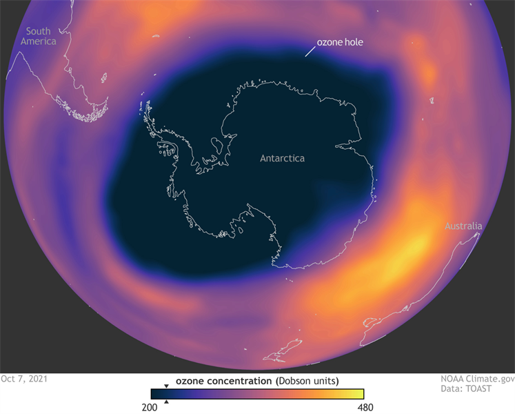 Satellite data image of Antarctic ozone 'hole' October 7, 2021.