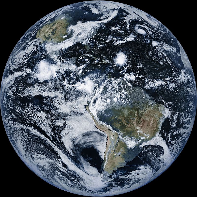 Full disk image from GOES 16, western hemisphere, September 3, 2022. Note cyclones in both North Atlantic and East Pacific Oceans.