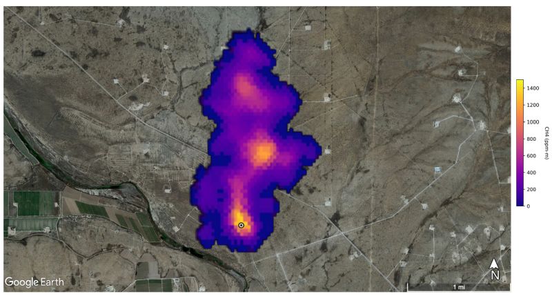 This image shows a methane plume 2 miles (3 kilometers) long that NASA’s Earth Surface Mineral Dust Source Investigation mission detected southeast of Carlsbad, New Mexico. Methane is a potent greenhouse gas that is much more effective at trapping heat in the atmosphere than carbon dioxide.