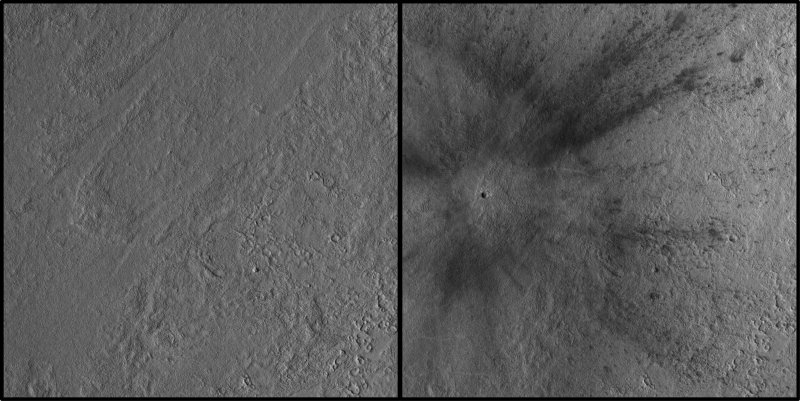 This meteoroid impact crater on Mars was discovered using the black-and-white Context Camera aboard NASA’s Mars Reconnaissance Orbiter. The Context Camera took these before-and-after images of the impact, which occurred on Dec. 24, 2021, in a region of Mars called Amazonis Panitia.