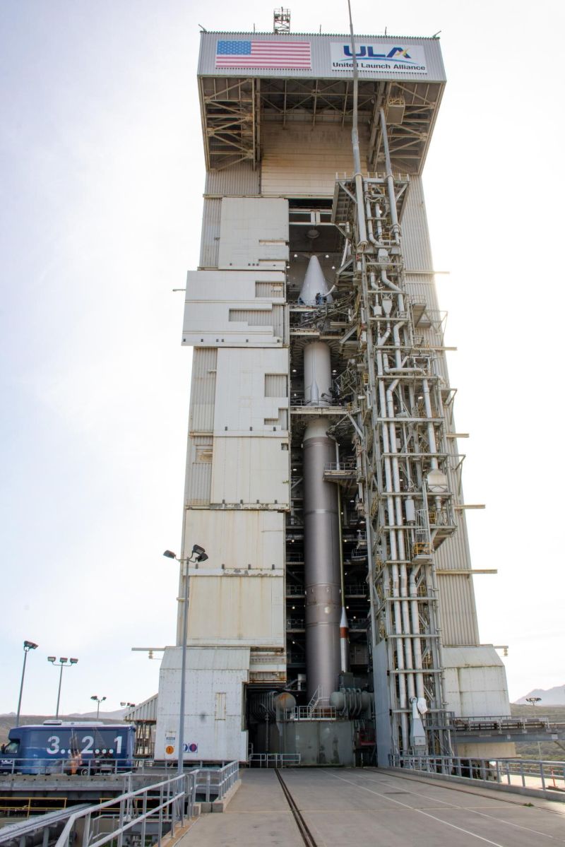Atlas V standing in the launch tower at Vandenberg Space Force Base SLC-3