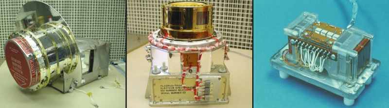 Three instruments onboard the DSCOVR satellite measure the solar winds and magnetic fields. From left to right is the Faraday cup which measures the speed and direction of positively charged solar winds particles, the electron spectrometer which measures electrons, and the magnetometer which measures magnetic fields.