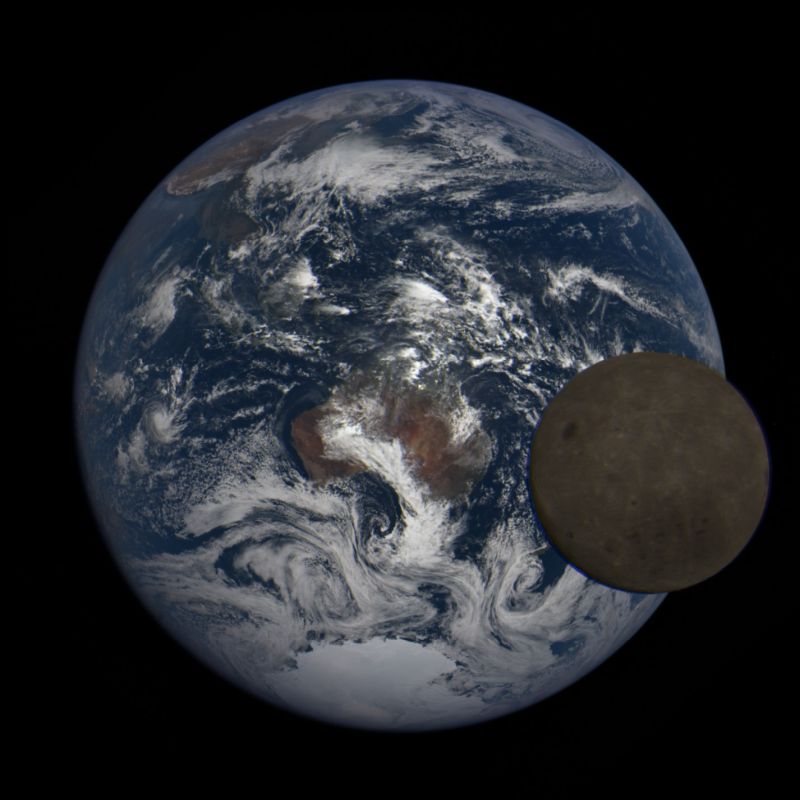 The Moon (showing its usually hidden back side) and the Earth as seen by DSCOVR