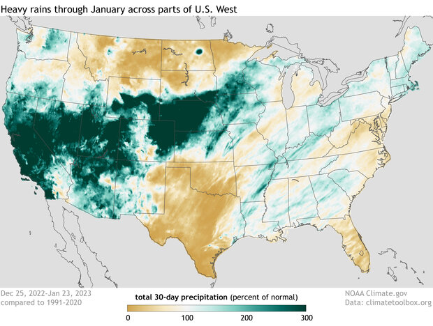 Map of normal U.S. precipitation December 25, 2022 through January 23, 2023