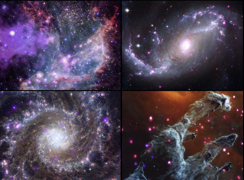 These four images show objects imaged by multiple telescopes including NASA’s Webb, Chandra, Hubble, and Spitzer. Different colors indicate different wavelengths of light, including infrared light and X-rays.