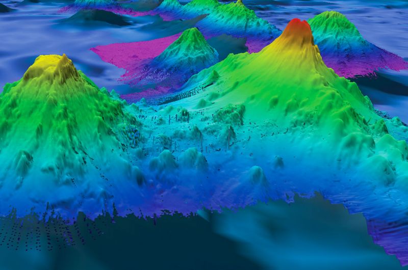 Sonar image of 4776-meter-tall Pao Pao Seamount in the South Pacific ocean