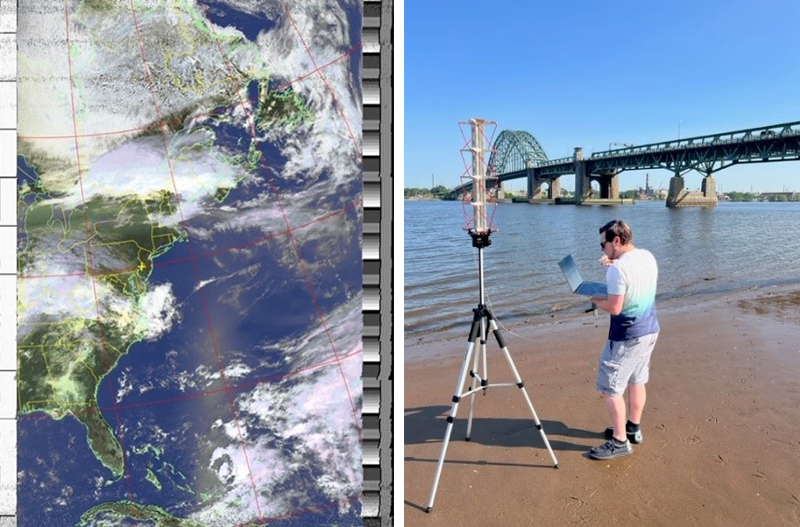 A processed image from NOAA polar-orbiting weather satellite (left); Max Friedman capturing a NOAA polar orbiting weather satellite signal using a 3D printed quadrifilar helical antenna at the Institute for Earth Observations