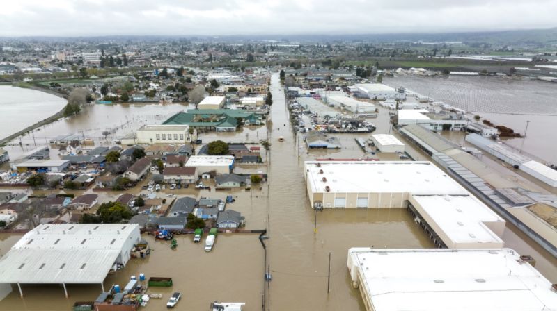 Flooded town of Pajaro after heavy rain from an atmospheric river caused a levee to break. Monterey, California. March 12, 2023.
