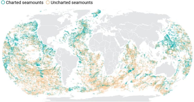 Global plot of satellite data showing 43,000 seamounts, 16,000 charted by sonar, the rest uncharted.