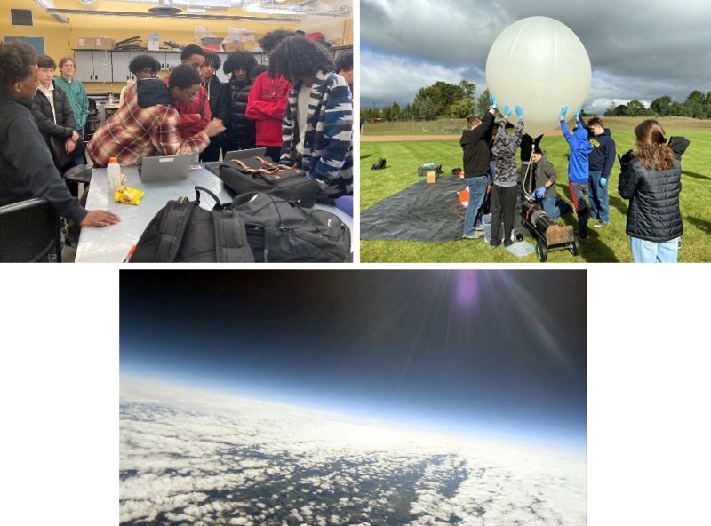 Students preparing and launching A<sup>3</sup>Sat on high altitude balloon and the image it captured of the Earth.