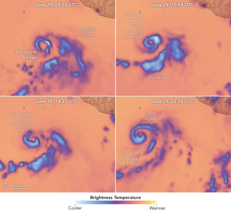 Series of still images, produced with data acquired by TROPICS, shows structural changes within Hurricane Adrian as the strom intensified.