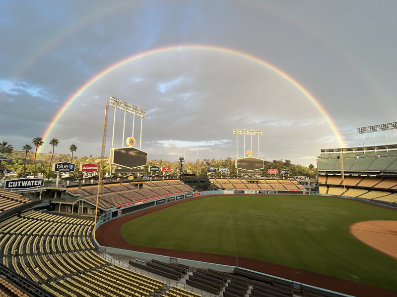 Double rainbow over Dodger Stadium in Los Angeles, November 29, 2023, the birthday of the late Vin Scully, the Voice of the Dogers for 67 years.