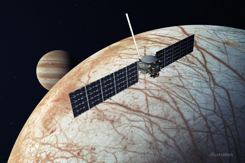 Artist's rendering of Europa Clipper spacecraft in orbit around the Jovian moon Europa.