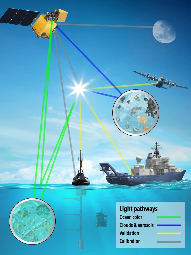 A NASA depiction of how ocean color, clouds and aerosols information will be collected by its PACE satellite. In-water and airborne instruments will be employed to validate and calibrate the data, using the sun, moon and ocean buoys as references.